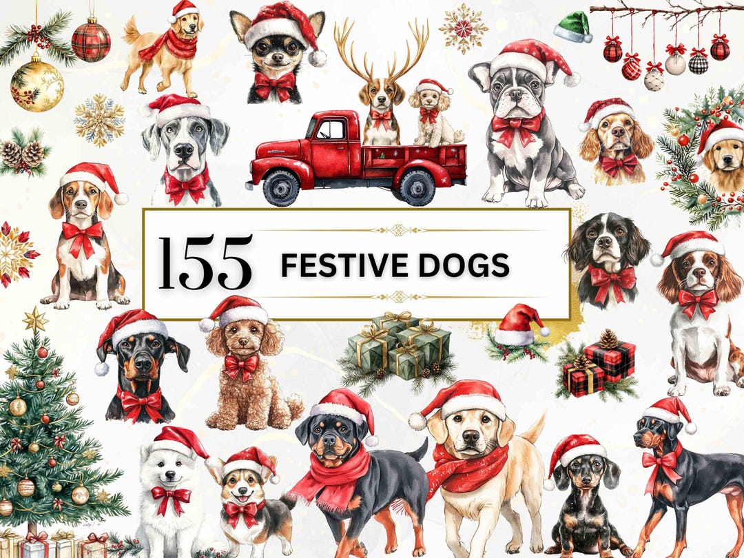 155 Festive Dog Clipart Bundle Watercolor Winter Dogs Clipart PNG, Cute ...
