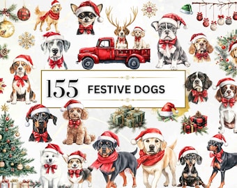 May include: Watercolor illustration featuring 155 festive dogs, each adorned with Santa hats and red bows. A red truck carries dogs, surrounded by Christmas ornaments and gifts. The text "155 Festive Dogs" is displayed.