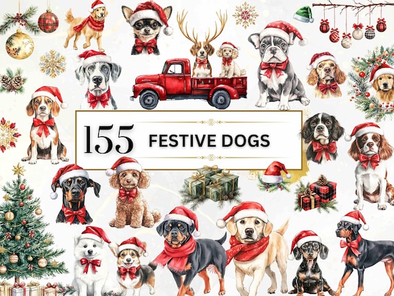 155 Festive Dog Clipart Bundle Watercolor Winter Dogs Clipart PNG, Cute Dog Clipart, Cute Holiday Dogs with Bows, Festive Puppy PNG