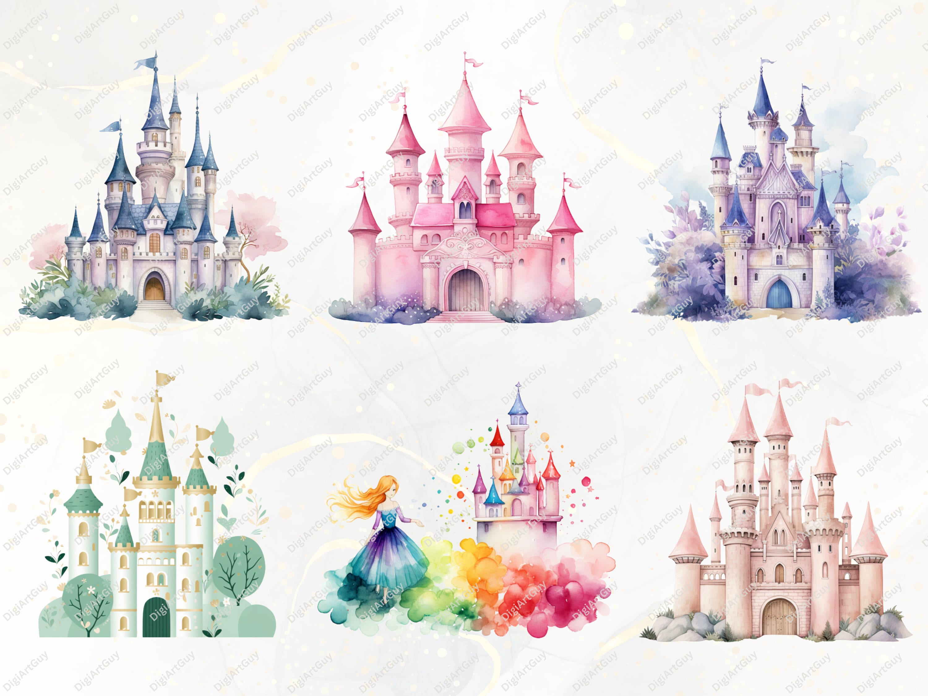 Castle Clipart - 85 Watercolor Castle Clipart Pngs, Fairy Tale Princess ...