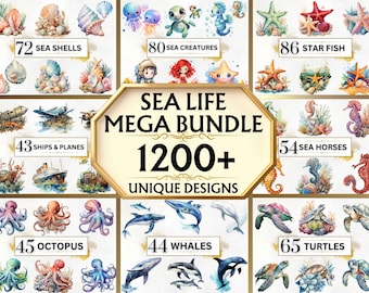 May include: A collection of 1200+ watercolor illustrations of sea life, including sea shells, sea creatures, star fish, ships and planes, sea horses, octopus, whales, and turtles. The illustrations are in a variety of colors and styles.