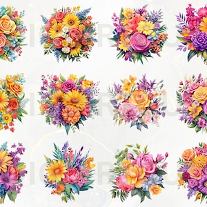 Watercolor Flower Bouquets Clipart, watercolor PNG, watercolor flowers, spring flowers, floral clipart, instant download png, commercial use