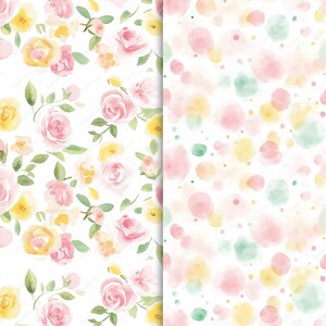 A close-up of two pastel spring seamless patterns. One design features delicate watercolor roses in shades of pink and yellow, while the other displays soft pastel dots in various sizes and colors.