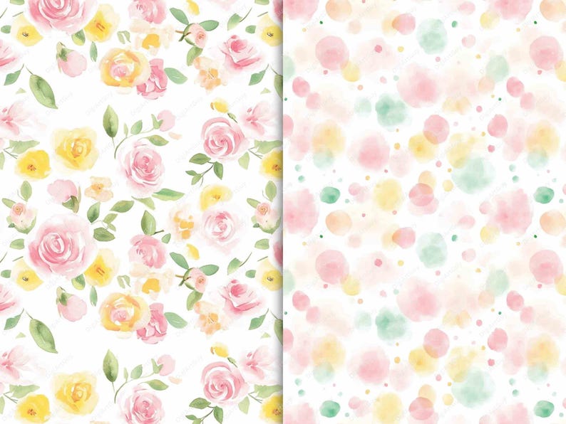 A close-up of two pastel spring seamless patterns. One design features delicate watercolor roses in shades of pink and yellow, while the other displays soft pastel dots in various sizes and colors.