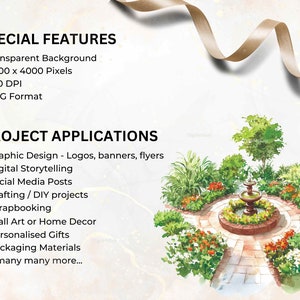 This image highlights the key features of the garden landscape collection: transparent backgrounds, high resolution (4000 x 4000 pixels), 300 DPI, and PNG format. Ideal for graphic design, crafting, social media, and personalized gifts.