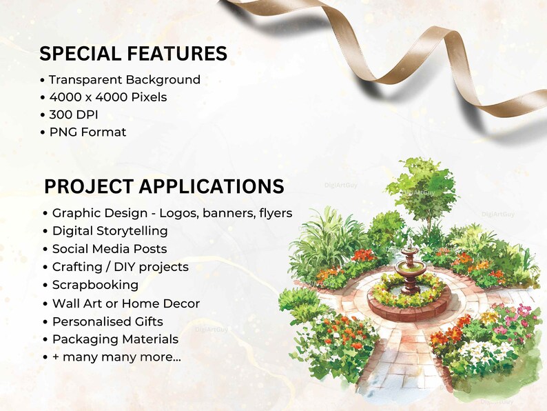 This image highlights the key features of the garden landscape collection: transparent backgrounds, high resolution (4000 x 4000 pixels), 300 DPI, and PNG format. Ideal for graphic design, crafting, social media, and personalized gifts.