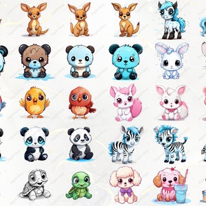 Pode incluir: Um conjunto de 36 ilustra&ccedil;&otilde;es de animais de desenho animado que apresentam uma variedade de animais, incluindo um canguru, um panda, um p&aacute;ssaro, uma zebra, uma tartaruga, um poodle e um cachorrinho. Os animais s&atilde;o todos retratados em um estilo fofo e caprichoso, com cores brilhantes e express&otilde;es brincalhonas.