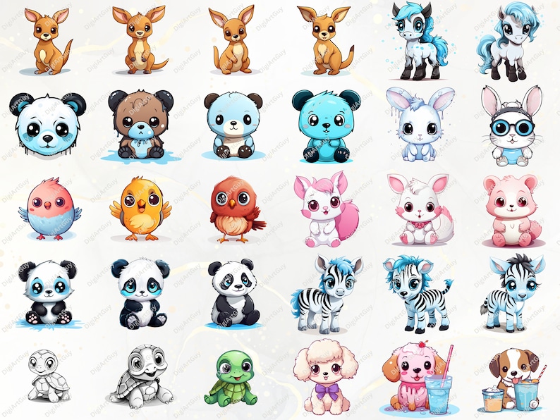 Pode incluir: Um conjunto de 36 ilustra&ccedil;&otilde;es de animais de desenho animado que apresentam uma variedade de animais, incluindo um canguru, um panda, um p&aacute;ssaro, uma zebra, uma tartaruga, um poodle e um cachorrinho. Os animais s&atilde;o todos retratados em um estilo fofo e caprichoso, com cores brilhantes e express&otilde;es brincalhonas.