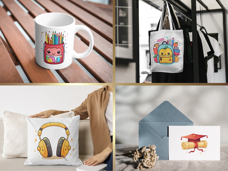 4 mockups using the images, including a cushion, mug, card and hand bag