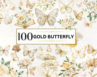 Acuarela Mariposas Clipart Acuarela Mariposa PNG Oro y Blanco Mariposa Clipart PNG Floral Mariposa Primavera Clipart Uso Comercial