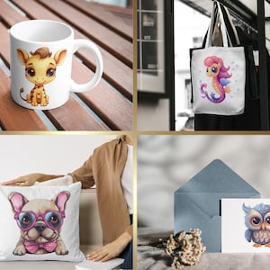 Pode incluir: Um conjunto de quatro produtos diferentes com ilustra&ccedil;&otilde;es de animais fofinhos. Uma caneca de cer&acirc;mica branca com uma girafa de desenho animado, uma bolsa de compras branca com um cavalo-marinho de desenho animado, um travesseiro branco com um bulldogue franc&ecirc;s de desenho animado usando &oacute;culos de sol e um cart&atilde;o branco com uma coruja de desenho animado.