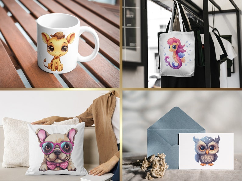 Pode incluir: Um conjunto de quatro produtos diferentes com ilustra&ccedil;&otilde;es de animais fofinhos. Uma caneca de cer&acirc;mica branca com uma girafa de desenho animado, uma bolsa de compras branca com um cavalo-marinho de desenho animado, um travesseiro branco com um bulldogue franc&ecirc;s de desenho animado usando &oacute;culos de sol e um cart&atilde;o branco com uma coruja de desenho animado.