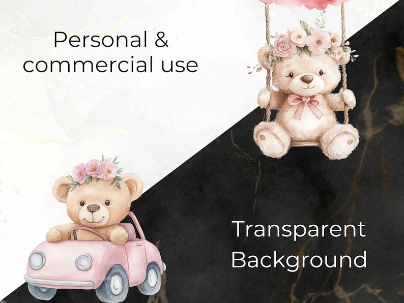 May include: Two watercolor illustrations of teddy bears. One teddy bear is wearing a pink flower crown and driving a pink car. The other teddy bear is wearing a pink flower crown and is sitting on a swing. The background is a black and white marble pattern. The text "Personal & commercial use" is on the white side of the background. The text "Transparent Background" is on the black side of the background.