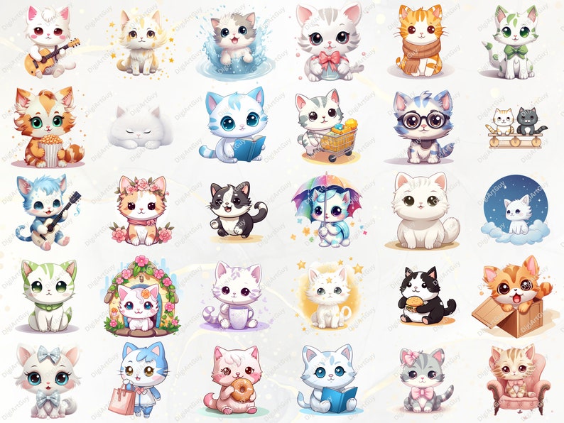 May include: A collection of 36 adorable cartoon cat illustrations. Each cat is depicted in a different pose and setting, with various accessories and props. The cats are all drawn in a cute and whimsical style, with bright colors and expressive features.