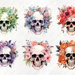 以下が含まれることがあります： 人間の頭蓋骨に花輪が飾られた水彩画のイラストが6つあります。 頭蓋骨は白く、目の穴と歯は黒です。 花輪は、ピンク、青、緑、オレンジ、紫の色合いの様々な花で作られています。