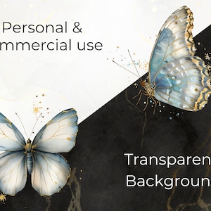 Puede incluir: Ilustraci&oacute;n en acuarela de dos mariposas azules con detalles dorados. Las mariposas se encuentran sobre un fondo en blanco y negro con el texto "Personal & commercial use" y "Transparent Background".
