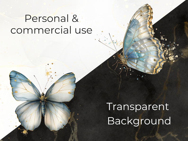 Puede incluir: Ilustraci&oacute;n en acuarela de dos mariposas azules con detalles dorados. Las mariposas se encuentran sobre un fondo en blanco y negro con el texto "Personal & commercial use" y "Transparent Background".