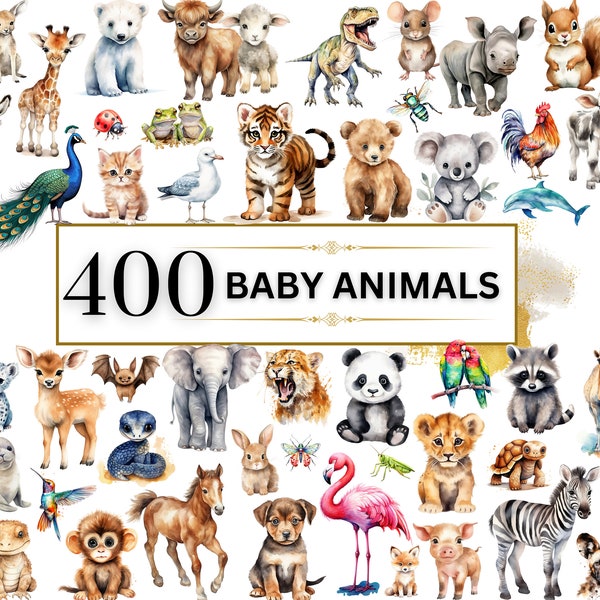 Safari Animals Clipart - 400 Baby Animals PNGs, Safari Animals PNG, Woodland Animals, Cute Baby Animals, Birds, Undersea, Nursery Decor Art