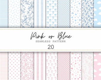 Toile Digital Seamless Pattern Pink Blue Floral Junk Journal Paper Coquette Bow Pattern  Blue Pink Baby Shower Digital Paper Commercial Use