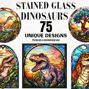 Stained Glass Dinosaurs Clipart - 75 Stained Glass Design Bundle, Seasons, Digital, Glass Patterns, Decor, Wall Art, DIY, Stained Glass PNG