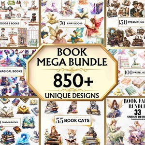 Paquete de imágenes prediseñadas de libros de acuarela, libros florales PNG, imágenes prediseñadas de libros mágicos, libros de fantasía PNG, biblioteca PNG, imágenes prediseñadas de amantes de los libros, animales Steampunk
