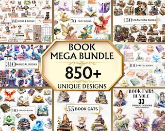 May include: A collection of watercolor illustrations featuring books with various themes, including dogs, fairies, steampunk, magic, dragons, cats, and pastel designs. The image displays a "Book Mega Bundle" with over 850 unique designs.