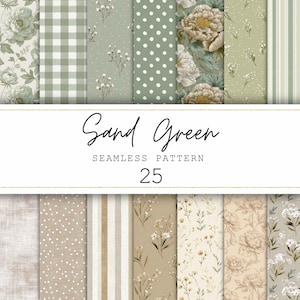 Puede incluir: Una colección de 25 patrones sin costuras en tonos arena y verde. Los patrones incluyen diseños florales, de lunares, cuadros y rayas. El texto "Sand Green Seamless Pattern 25" se muestra en una fuente cursiva.