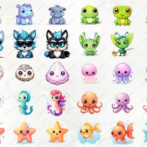 Pode incluir: Um conjunto de 40 ilustra&ccedil;&otilde;es de animais de desenho animado coloridos. Os animais incluem um hipop&oacute;tamo, um sapo, um lobo, uma joaninha, um cavalo-marinho, uma &aacute;gua-viva, um polvo, uma estrela do mar e um peixe dourado. As ilustra&ccedil;&otilde;es s&atilde;o perfeitas para usar em livros infantis, sites ou outros projetos criativos.