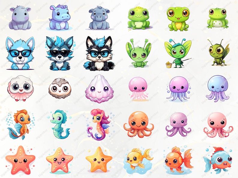 Pode incluir: Um conjunto de 40 ilustra&ccedil;&otilde;es de animais de desenho animado coloridos. Os animais incluem um hipop&oacute;tamo, um sapo, um lobo, uma joaninha, um cavalo-marinho, uma &aacute;gua-viva, um polvo, uma estrela do mar e um peixe dourado. As ilustra&ccedil;&otilde;es s&atilde;o perfeitas para usar em livros infantis, sites ou outros projetos criativos.