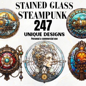 Stained Glass Steampunk Art - 247 Stained Glass Design Bundle, Digital, Glass Patterns, Decor, DIY, Wall Art, Fantasy Art, Stained Glass PNG