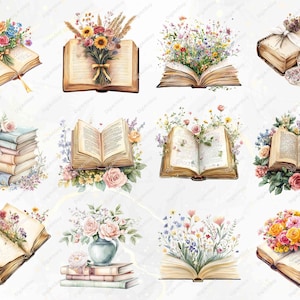Twelve floral book illustrations featuring vintage books with bouquets, open books with blooming flowers, and pastel-stacked books. Includes delicate floral arrangements, lace ribbons, and soft, pastel tones for elegant designs.