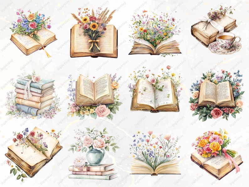 Twelve floral book illustrations featuring vintage books with bouquets, open books with blooming flowers, and pastel-stacked books. Includes delicate floral arrangements, lace ribbons, and soft, pastel tones for elegant designs.