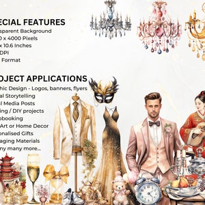 May include: A digital illustration set featuring a variety of watercolor elements, including a masquerade mask, a man in a pink suit, a woman in a red dress playing a stringed instrument, a pair of chandeliers, a teddy bear, a clock, a champagne flute, a pagoda, and a pair of shoes. The illustration set is perfect for creating invitations, cards, and other digital projects.
