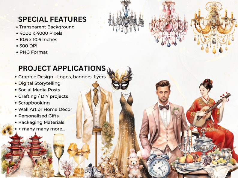 May include: A digital illustration set featuring a variety of watercolor elements, including a masquerade mask, a man in a pink suit, a woman in a red dress playing a stringed instrument, a pair of chandeliers, a teddy bear, a clock, a champagne flute, a pagoda, and a pair of shoes. The illustration set is perfect for creating invitations, cards, and other digital projects.