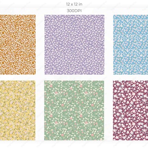 Six square seamless floral pattern samples shown in pastel colors including lilac, mustard, mint green, peach, blue, and burgundy, all with small scattered flower designs.