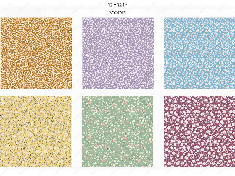 Six square seamless floral pattern samples shown in pastel colors including lilac, mustard, mint green, peach, blue, and burgundy, all with small scattered flower designs.
