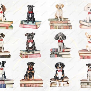 A further variety of twelve dogs, including a Rottweiler, Poodle, Beagle, and Golden Retriever, sitting on vintage-style books. Some are sitting alertly, while others have relaxed, playful postures.