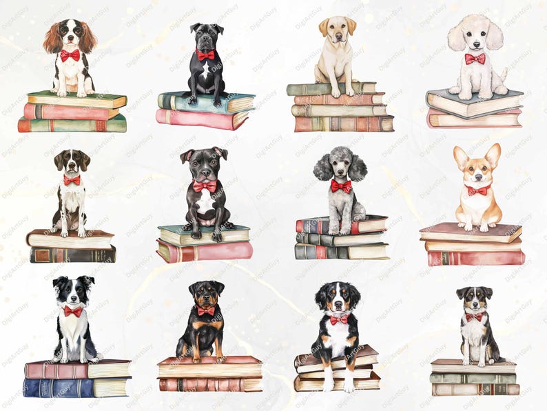 A further variety of twelve dogs, including a Rottweiler, Poodle, Beagle, and Golden Retriever, sitting on vintage-style books. Some are sitting alertly, while others have relaxed, playful postures.