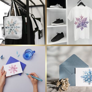 May include: A set of four products featuring a watercolor snowflake design. The products include a tote bag, a t-shirt, a greeting card, and an envelope. The snowflake is blue, purple, and white.