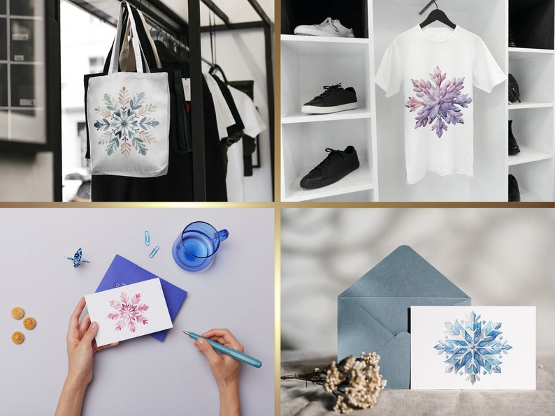 May include: A set of four products featuring a watercolor snowflake design. The products include a tote bag, a t-shirt, a greeting card, and an envelope. The snowflake is blue, purple, and white.