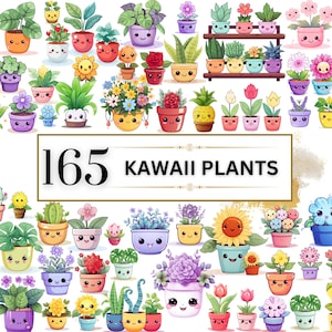 Kawaii Clipart bundel - 165 schattige Kawaii PNG Clipart Kawaii bloem Clipart, Kawaii planten Clipart schattige Kawaii Clipart Kawaii Stickers