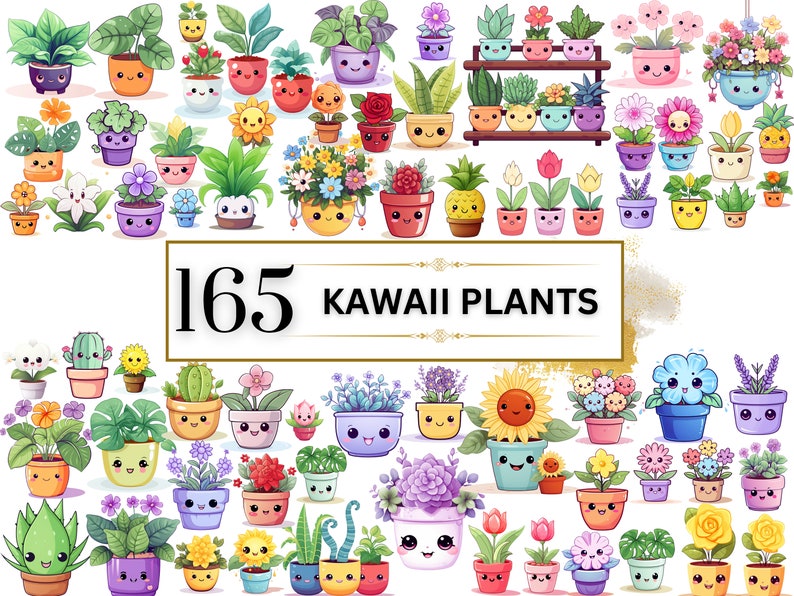 Kawaii Clipart Bundle - 165 Cute Kawaii PNG Clipart Kawaii Flower Clipart, Kawaii Plants Clipart Cute Kawaii Clipart Kawaii Stickers image 1