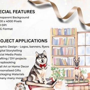 A promotional slide highlighting the special features of the clipart set. Includes a Husky, Belgian Malinois, and Cavalier King Charles Spaniel sitting on books, with a bookshelf, a window, and ribbon decorations in the background.