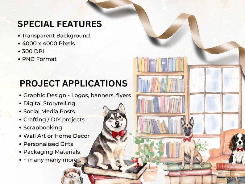 A promotional slide highlighting the special features of the clipart set. Includes a Husky, Belgian Malinois, and Cavalier King Charles Spaniel sitting on books, with a bookshelf, a window, and ribbon decorations in the background.