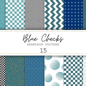 Check Digital Prints Blue Check Seamless Patterns Blue Checker Pattern Vintage Scrapbook Paper Checkered Digital Paper Set Blue Backgrounds