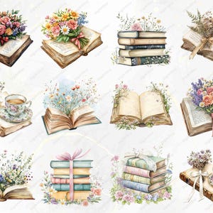 A detailed set of floral book designs featuring vintage books, floral tea cups, and blooming flowers. Includes pastel-stacked books tied with ribbons, intricate bouquets, and books paired with elegant tea settings for a cozy aesthetic.