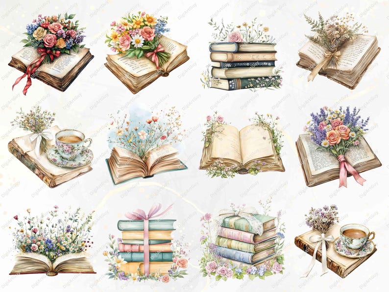A detailed set of floral book designs featuring vintage books, floral tea cups, and blooming flowers. Includes pastel-stacked books tied with ribbons, intricate bouquets, and books paired with elegant tea settings for a cozy aesthetic.