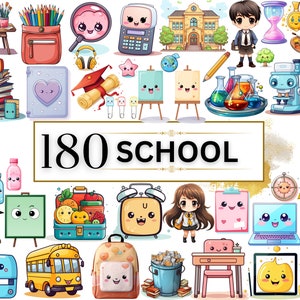 Kawaii Clipart Bundle - 180 süße Kawaii PNG Clipart Set, süße Schule Clipart Kawaii Schule Kinder Clipart süße Kawaii Clipart Kawaii Aufkleber