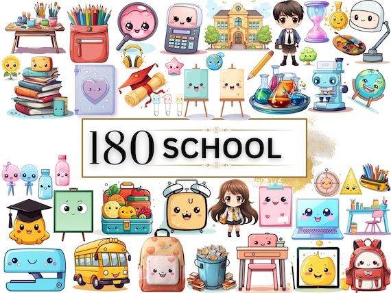 Kawaii Clipart Bundle - 180 Cute Kawaii PNG Clipart Set, Cute School Clipart Kawaii School Kids Clipart Cute Kawaii Clipart Kawaii Stickers