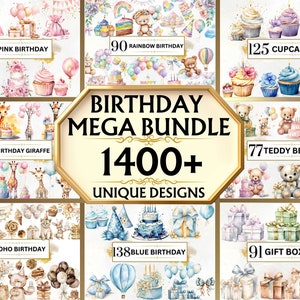 Pacchetto Clipart di compleanno - 1400+ PNG di compleanno, Clipart di compleanno ad acquerello, Clipart di festa di compleanno PNG, Pacchetto di compleanno, Clipart di torta